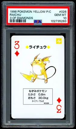Pokemon RAICHU Japanese YELLOW 3 of Diamonds POKER Card #026 - PSA 10 GEM MINT - Image 1