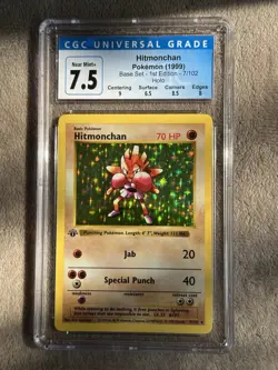 Pokemon 1999 Hitmonchan Base Set Shadowless 1st Edition 7/102 CGC 7.5 Near Mint - Image 1