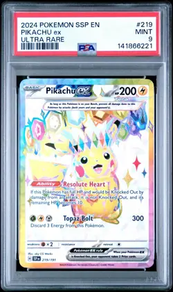 2024 POKEMON SSP EN-SURGING SPARKS ULTRA RARE #219 PIKACHU EX PSA 9 - Image 1
