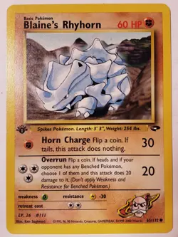1ST EDITION Blaine's Rhyhorn 65/132 - VLP - Gym Challenge Pokemon Card - Image 1
