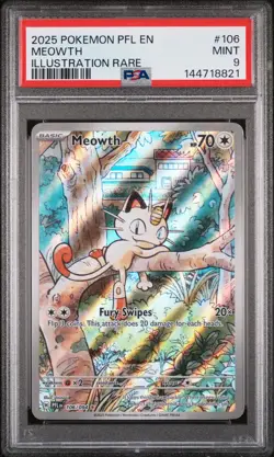2025 Pokemon Pfl En-Phantasmal Flames #106 Meowth Illustration Rare PSA 9 - Image 1