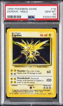 1999 POKEMON BASE SET UNLIMITED #16 ZAPDOS-HOLO PSA 10 - Image 1