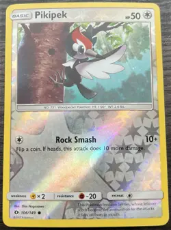 Pikipek 106/149 Pokemon TCG Sun & Moon Base Set Reverse Holo Moderate Play MP - Image 1