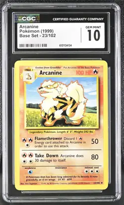 CGC 10 GEM MINT Arcanine 1999 Base Set 23/102 Pokemon Card - Image 1