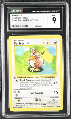 CGC 9 MINT Farfetch'd 1999 Base Set Shadowless 1st Edition 27/102 Pokemon Card - Image 1