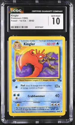 CGC 10 GEM MINT Kingler 1999 Fossil 1st Edition 38/62 Pokemon Card - Image 1