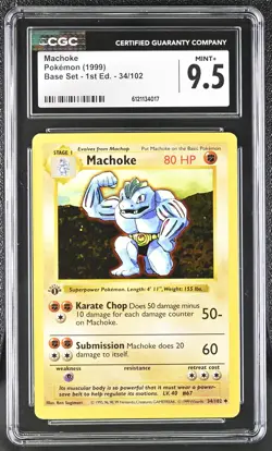 CGC 9.5 MINT+ Machoke 1999 Base Set Shadowless 1st Edition 34/102 Pokemon Card - Image 1