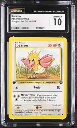 CGC 10 GEM MINT Spearow 1999 Jungle 1st Edition 62/64 Pokemon Card - Image 1