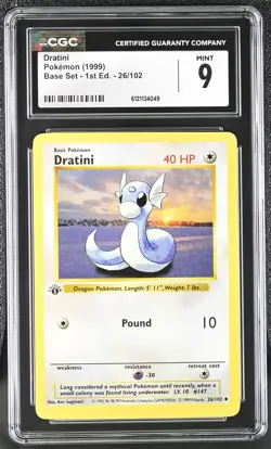 CGC 9 MINT Dratini 1999 Base Set Shadowless 1st Edition 26/102 Pokemon Card - Image 1