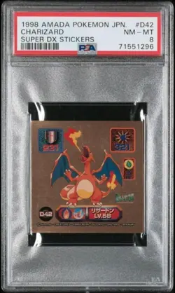 Pokemon Sealdass 1998 AMADA Charizard D42 GOLD Super DX Stickers Japanese PSA8 - Image 1