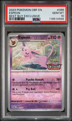 2023 POKEMON OBF EN-OBSIDIAN FLAMES BEST BUY EXCLUSIVE #086 ESPEON PSA 10 - Image 1