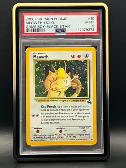 PSA Mint 9-Meowth #10 Holo- 2000 Pokemon Game Boy Black Star Promo with Swirl - Image 1