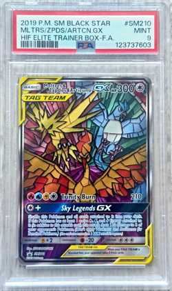 PSA 9 Moltres Zapdos Articuno GX SM210 Stained Glass Promo Pokemon Tag Team - Image 1