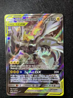 PIKACHU & ZEKROM GX 2019 POKEMON BLACK STAR PROMO TAG TEAM #SM168 Damaged - Image 1