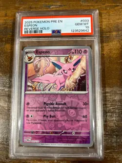POKEMON 2025 Prismatic Evolutions ESPEON #033 Reverse Holo PSA 10 Gem Mint RARE - Image 1