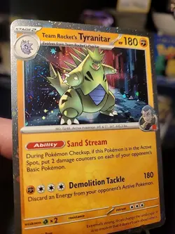 Team Rocket's Tyranitar 096 Pokemon Destined Rivals Cosmos Holo SWIRL Promo Card - Image 3