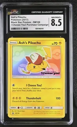 CGC 8.5 ASH'S PIKACHU SM108 BLACK STAR PROMO I CHOOSE YOU POKEMON NM/ MINT - Image 1