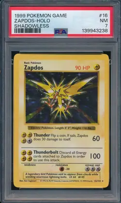 1999 Pokemon Game 16 Zapdos Holo Shadowless PSA 7 NM - 139943238 - Image 1