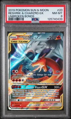 PSA 8 Reshiram & Charizard GX Unbroken Bonds 20/214 Pokemon Card (2019) - Image 1