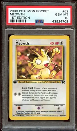 PSA 10 GEM MINT Meowth 62/82 Team Rocket 1ST EDITION Pokemon Card - Image 1