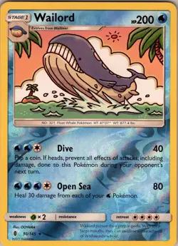 Wailord 30/145 Rare - Pokemon TCG SM: Guardians Rising - Reverse Holo (NM) - Image 1
