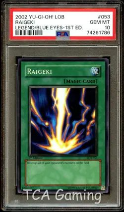 PSA 10 GEM MINT Raigeki LOB-053 WAVY 1st Edition LOB Yugioh Card 786 - Image 1