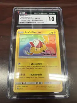 Pokemon Ash’s Pikachu SM108 Black Star Promo CGC 10 Gem Mint Holo Sun & Moon - Image 1
