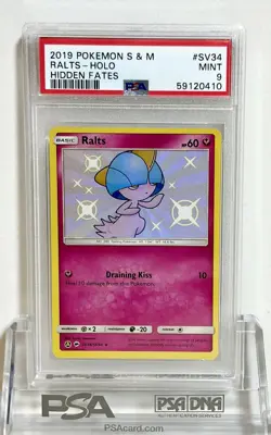 NEW 2019 POKEMON SUN & MOON HIDDEN FATES SV34 RALTS HOLO RARE BABY SHINY - PSA 9 - Image 1