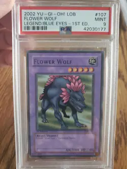 2002 Yu-Gi-Oh LOB-107 Flower Wolf Legend Blue Eyes 1st Edition Rare PSA Mint 9 - Image 1