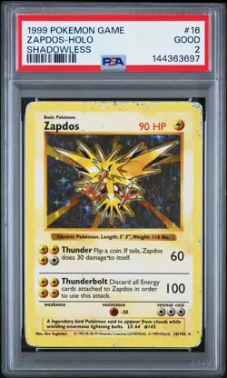 1999 POKEMON BASE SET SHADOWLESS #16 ZAPDOS-HOLO PSA 2 - Image 1