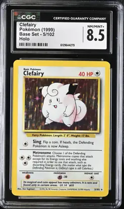 CGC 8.5 NM MINT + Clefairy 5/102 Base Set Holo Rare 1999 Vintage WOTC Pokemon - Image 1