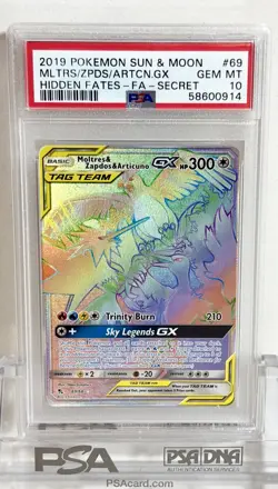 2019 POKEMON HIDDEN FATES SECRET FULL ART MOLTRES ZAPDOS & ARTICUNO GX 69 PSA 10 - Image 1