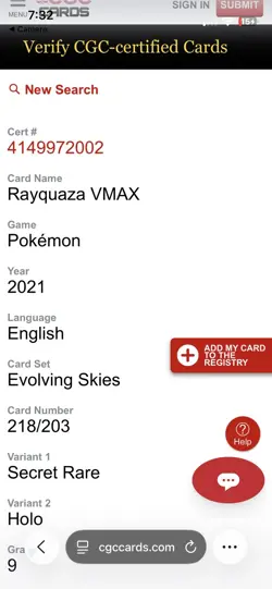 2021 Pokemon Evolving Skies Rayquaza VMAX alt art CGC 9 MINT - Image 3