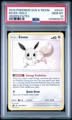 2019 POKEMON SUN & MOON HIDDEN FATES #SV41 EEVEE-HOLO PSA 10 - Image 1