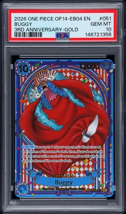 2026 ONE PIECE OP14-EB04-THE AZURE SEA'S SEVEN 3RD ANV-GOLD #051 BUGGY PSA 10 - Image 1