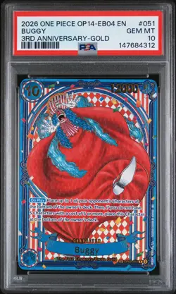 2026 ONE PIECE OP14-EB04-THE AZURE SEA'S SEVEN 3RD ANV-GOLD #051 BUGGY PSA 10 - Image 1