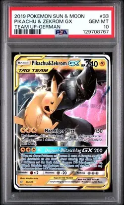 Pokemon | Teams sind Trumpf Pikachu & Zekrom GX 33 Tag Team PSA 10 GEM MINT DE - Image 1