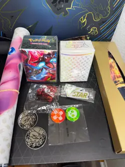 Pokemon TCG Accessories Lot Playmats Dice Coins Deck Boxes VSTAR + 11 ETB Sleeve - Image 1