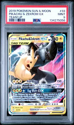 2019 POKEMON SUN & MOON TEAM UP #33 PIKACHU & ZEKROM GX PSA 9 - Image 1