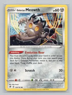 Reverse Holo Galarian Meowth 126/192 Common Rebel Clash Pokemon - Image 1