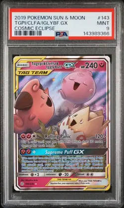 2019 POKEMON SUN & MOON COSMIC ECLIPSE #143 TOGEPI & CLEFFA & IGGLYBUFF GX PSA 9 - Image 1