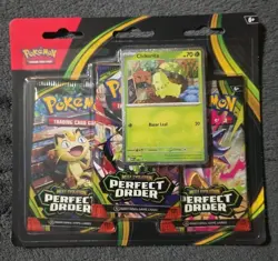 Pokemon Mega Evolution Perfect Order 3-Pack Blister (Chikorita Promo) - In Hand - Image 1
