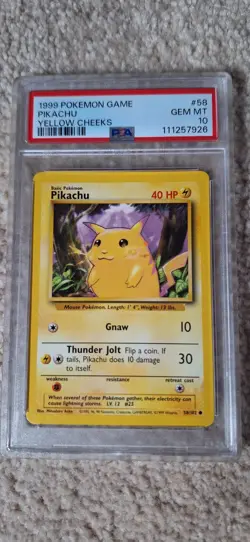 1999 Pokemon Base Set Pikachu Yellow Cheeks #58 – PSA 10 GEM MINT - Image 1