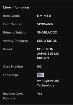 ​2016 Pokemon Japanese SM Promo Snorlax GX #001 Holo PSA 8 NM-MT LOW POP - Image 4