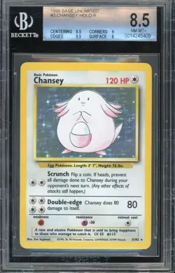 1999 POKEMON BASE UNLIMITED #3 CHANSEY HOLO RARE BECKETT 8.5 NM MINT + 3/102 - Image 1