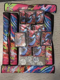 Pokemon Lot Of 5 Sets Of Mega Charizard X UPC PLAYMATS Deck Boxes Sleeves Coins - Image 1