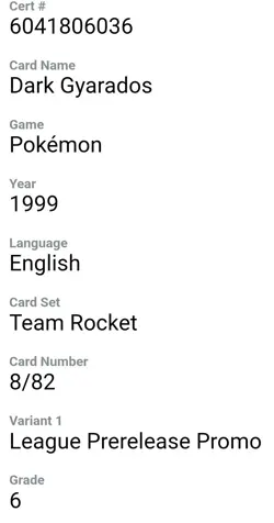 CGC 6 Dark Gyarados PRERELEASE PROMO HOLO 8/82 Team Rocket Pokemon ENG. 036 - Image 2