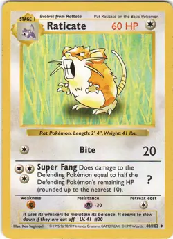 Raticate 40/102 Unlimited UC Base Set Shadowless MP Pokemon - Image 1