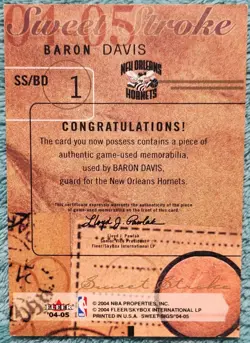 Baron Davis New Orleans Hornets 2004 Fleer Sweet Stroke Game Worn Jersey Card - Image 2