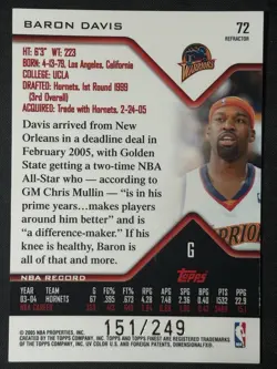 2004-05 Topps Finest Refractor Baron Davis 151/249 #72 Warriors Hornets - Image 2